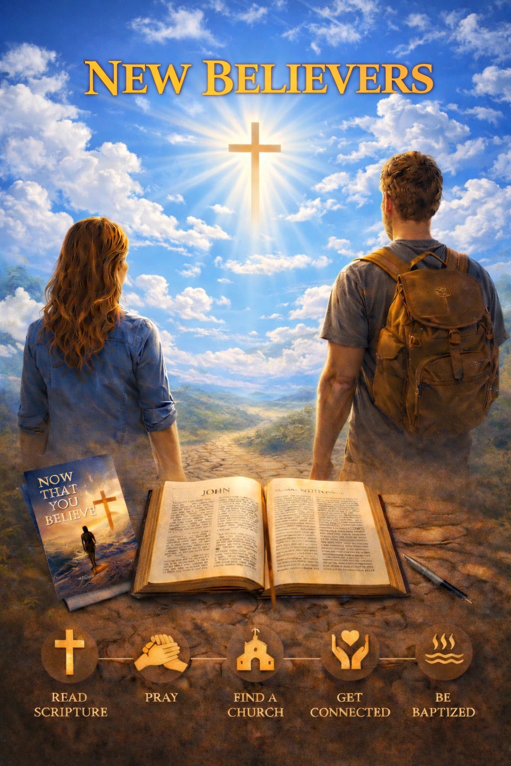 Two believers look towards a glowing cross in the sky with Bible study steps below.