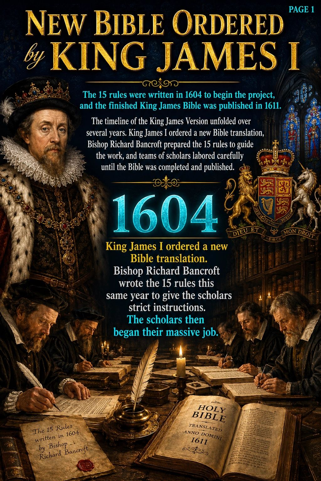 King James I orders new Bible translation in 1604 with strict rules to scholars.