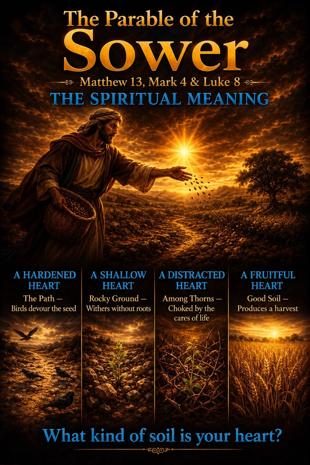 Illustration of the Parable of the Sower showing different types of hearts as soil conditions.