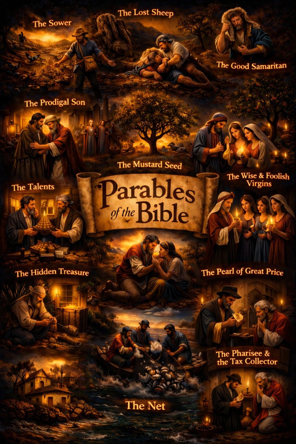 Illustrations of famous Bible parables with titles in a warm, glowing style.