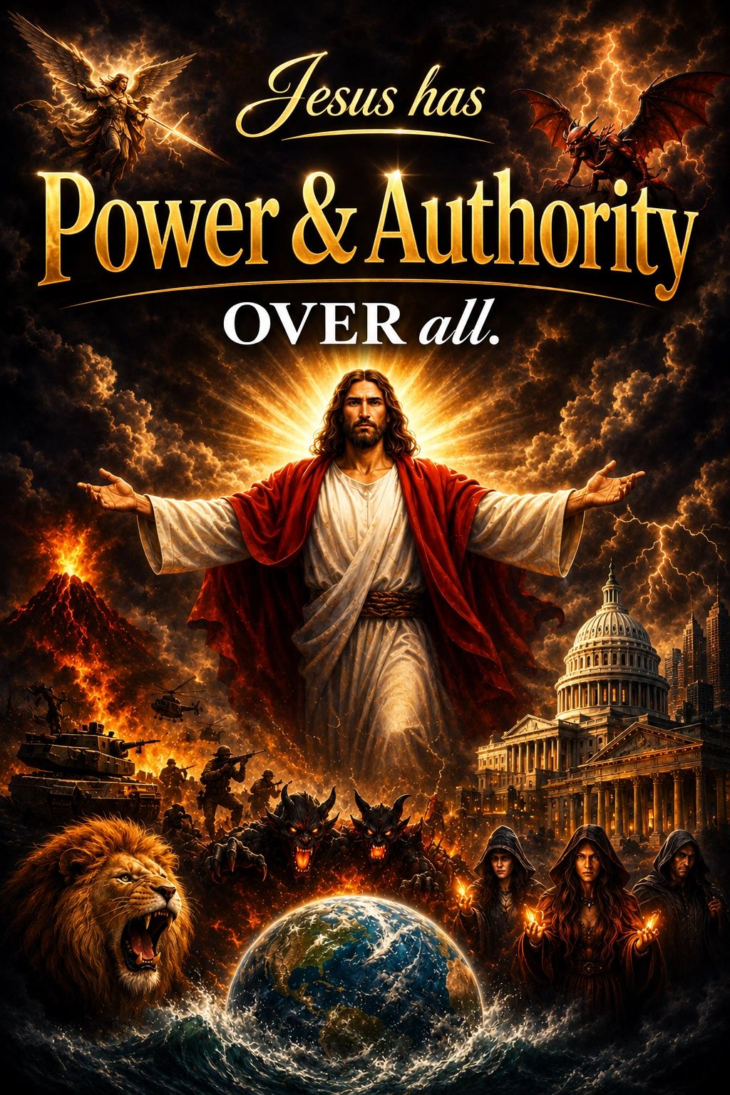 Jesus stands with open arms amid a fiery battle between good and evil, symbolizing power and authority over all.
