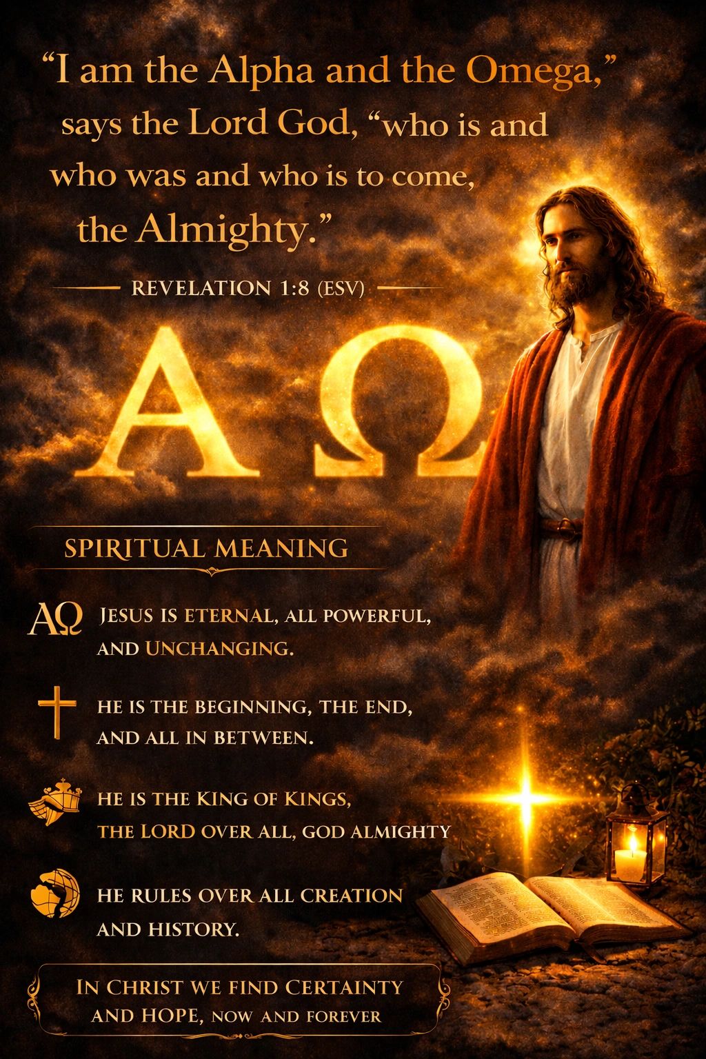 Biblical quote with Jesus, Alpha and Omega symbols, and spiritual meanings about Jesus' eternal power and kingship.