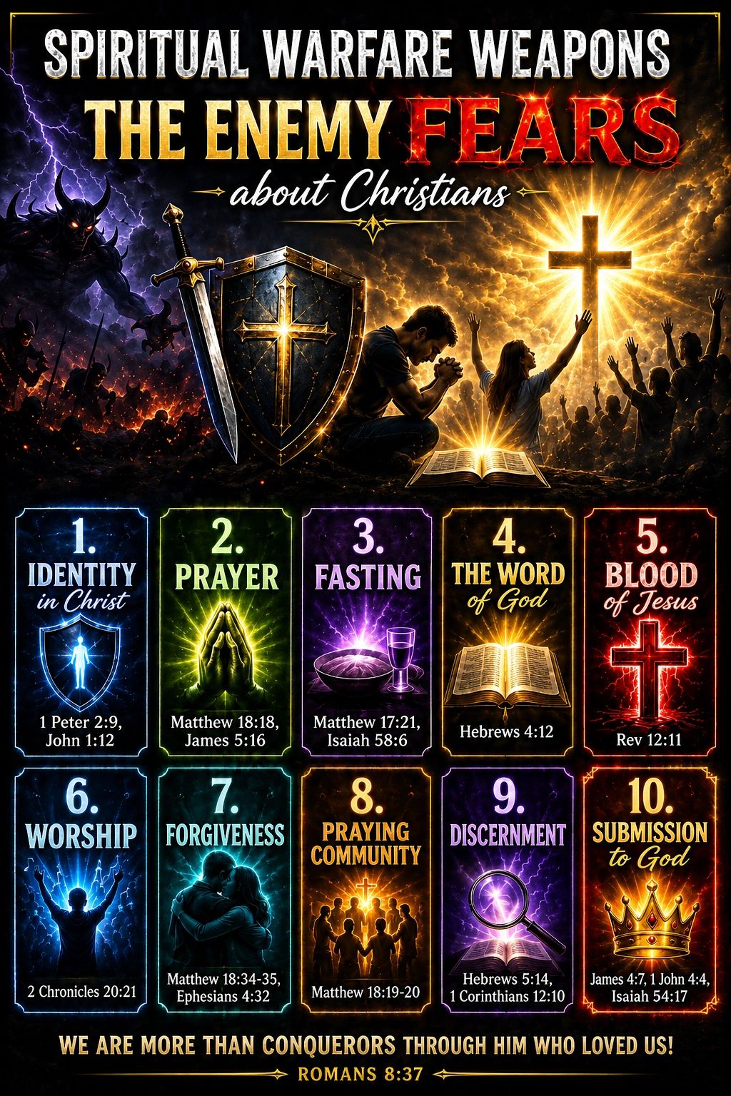 Spiritual warfare weapons against enemy fears about Christians with biblical references.