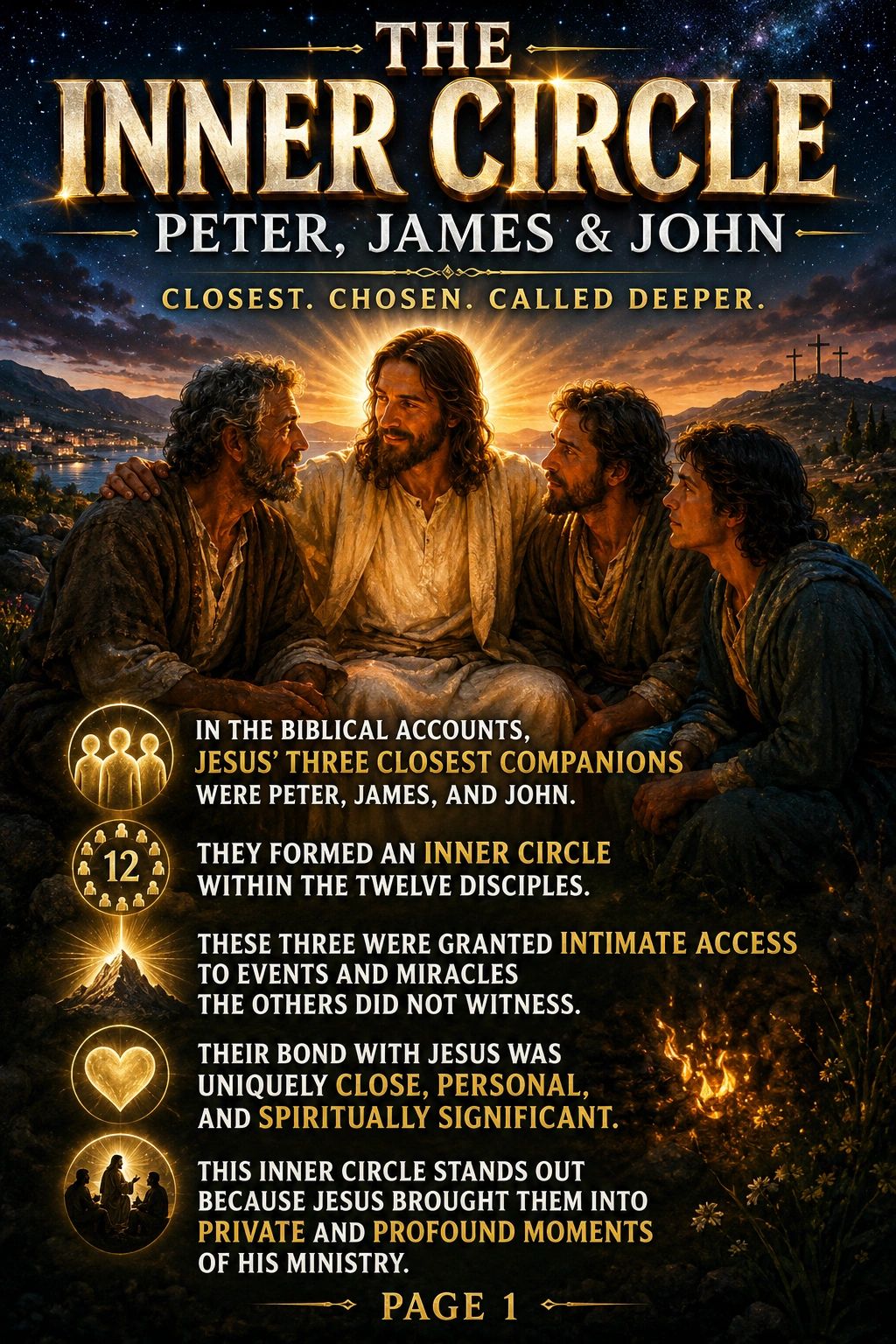 The Inner Circle of Jesus: Peter, James, and John, closest companions with intimate access to His ministry.