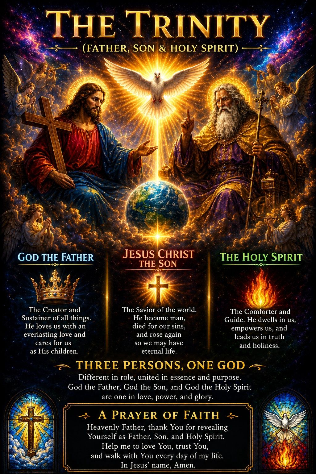 Illustration of The Trinity: Father, Son, and Holy Spirit with a prayer of faith.