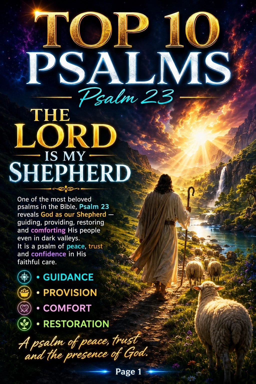 Scenic depiction of Psalm 23 with a shepherd guiding sheep under a radiant sunrise.