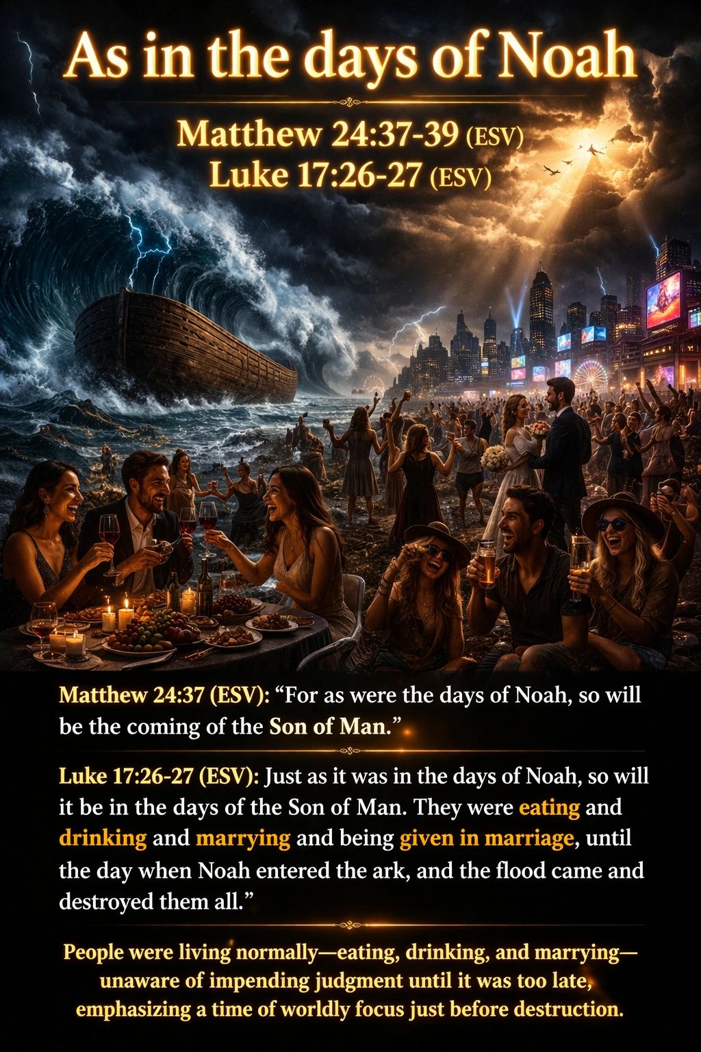 People celebrating as a flood and ark loom, illustrating Matthew and Luke Bible verses about Noah's days.
