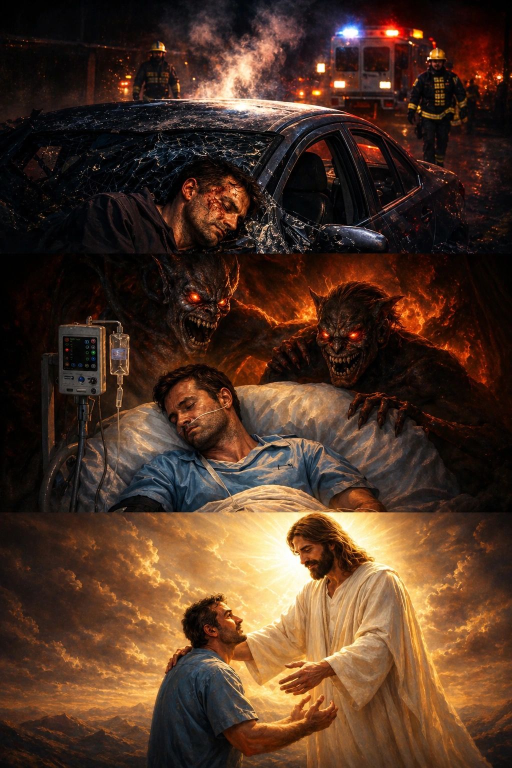 A man faces injury, evil, and divine hope in three dramatic scenes.