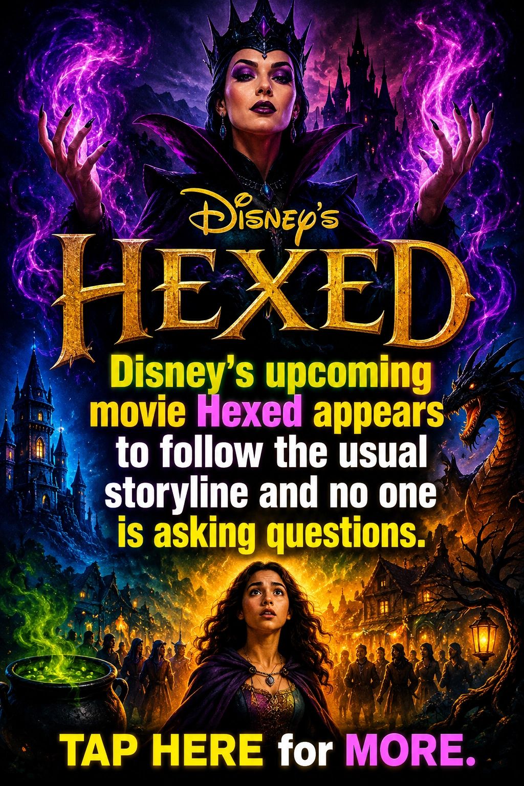 Disney's Hexed movie poster featuring a sorceress and magical elements.
