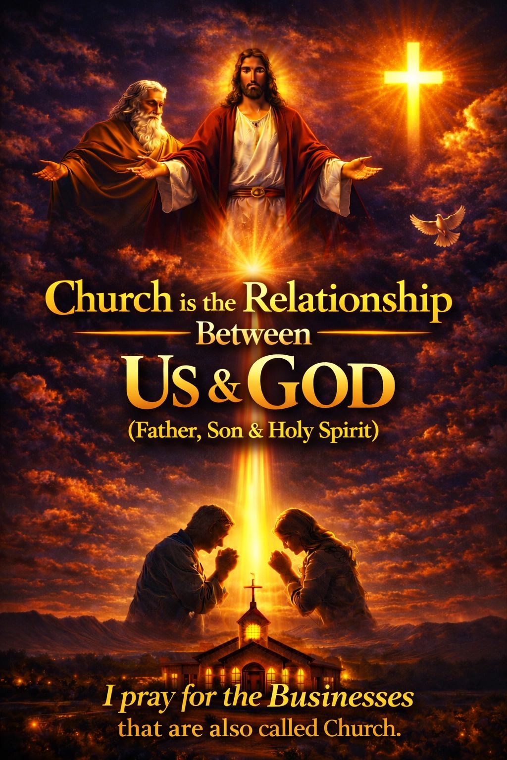 Spiritual connection between God and believers illuminated by heavenly light and prayer.