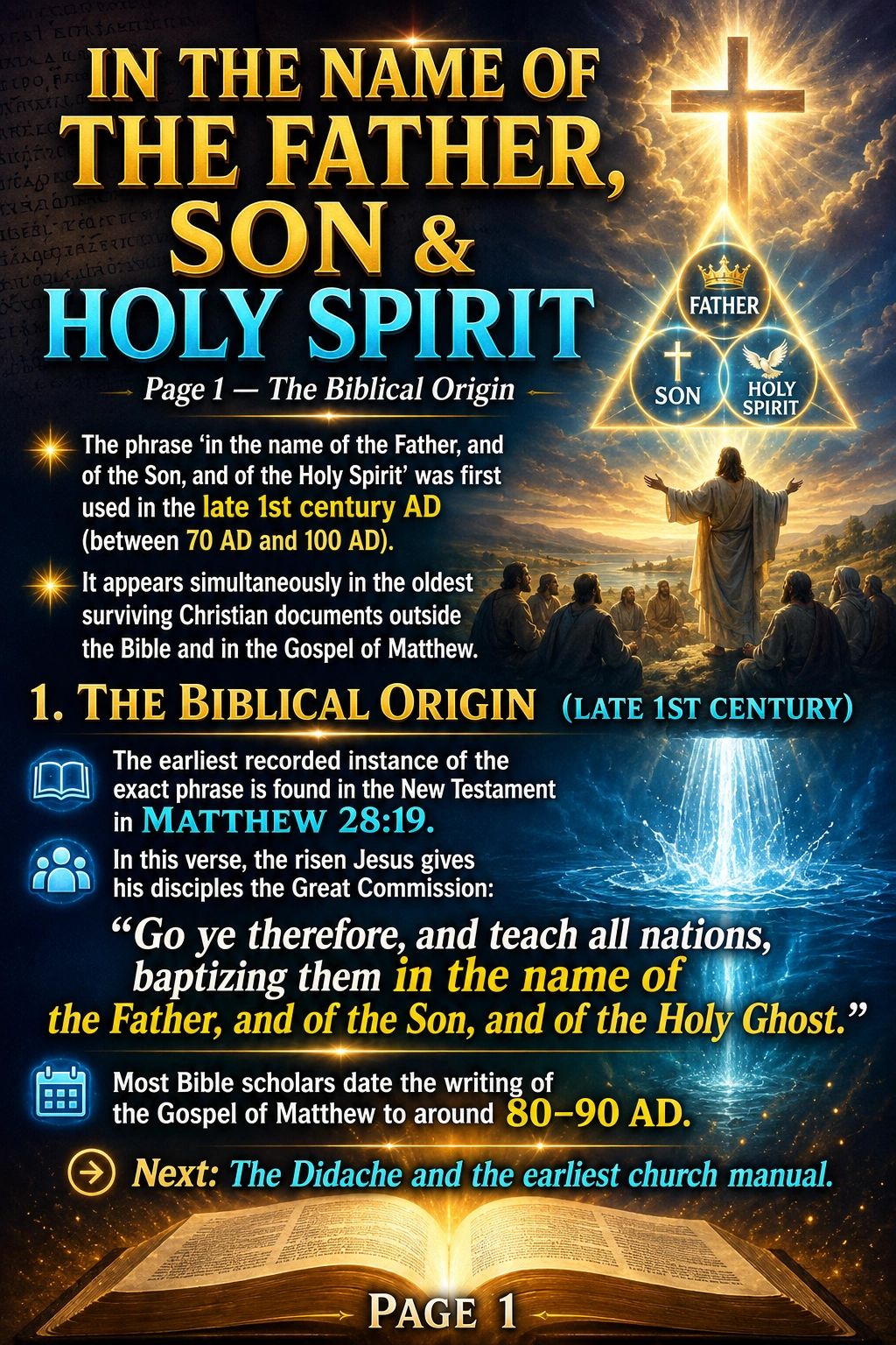 The phrase 'in the name of the Father, Son &amp; Holy Spirit' originated in late 1st century AD in Matthew 28:19.