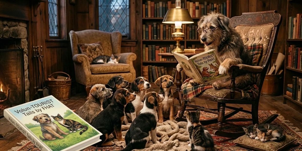 Dog reads a storybook to puppies and kittens in a cozy library.