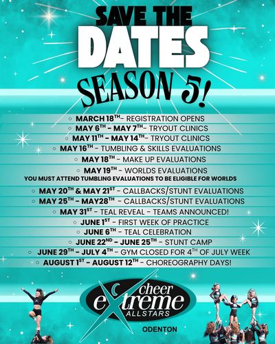 Save the Dates for Cheer Extreme Allstars Season 5 events and evaluations.