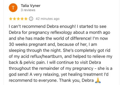 Positive pregnancy reflexology review praising Debra's treatment.