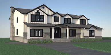 3D model of a  two story white house with black trim and grass