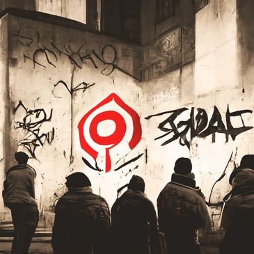 Un groupe de personne regarde en direction d'un graffiti en forme de cible dans une ruelle.