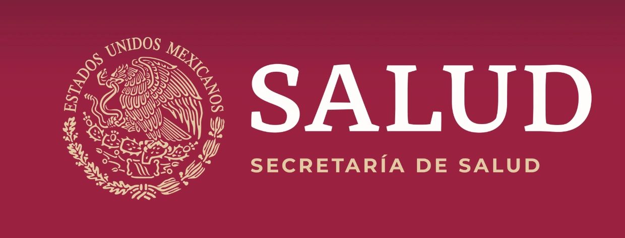 Logo of Mexico's Secretaría de Salud on a maroon background.
