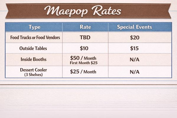 Transparent pricing, no hidden fees! 6‑month booth commitment. Free annual vendor event, $5 spring s
