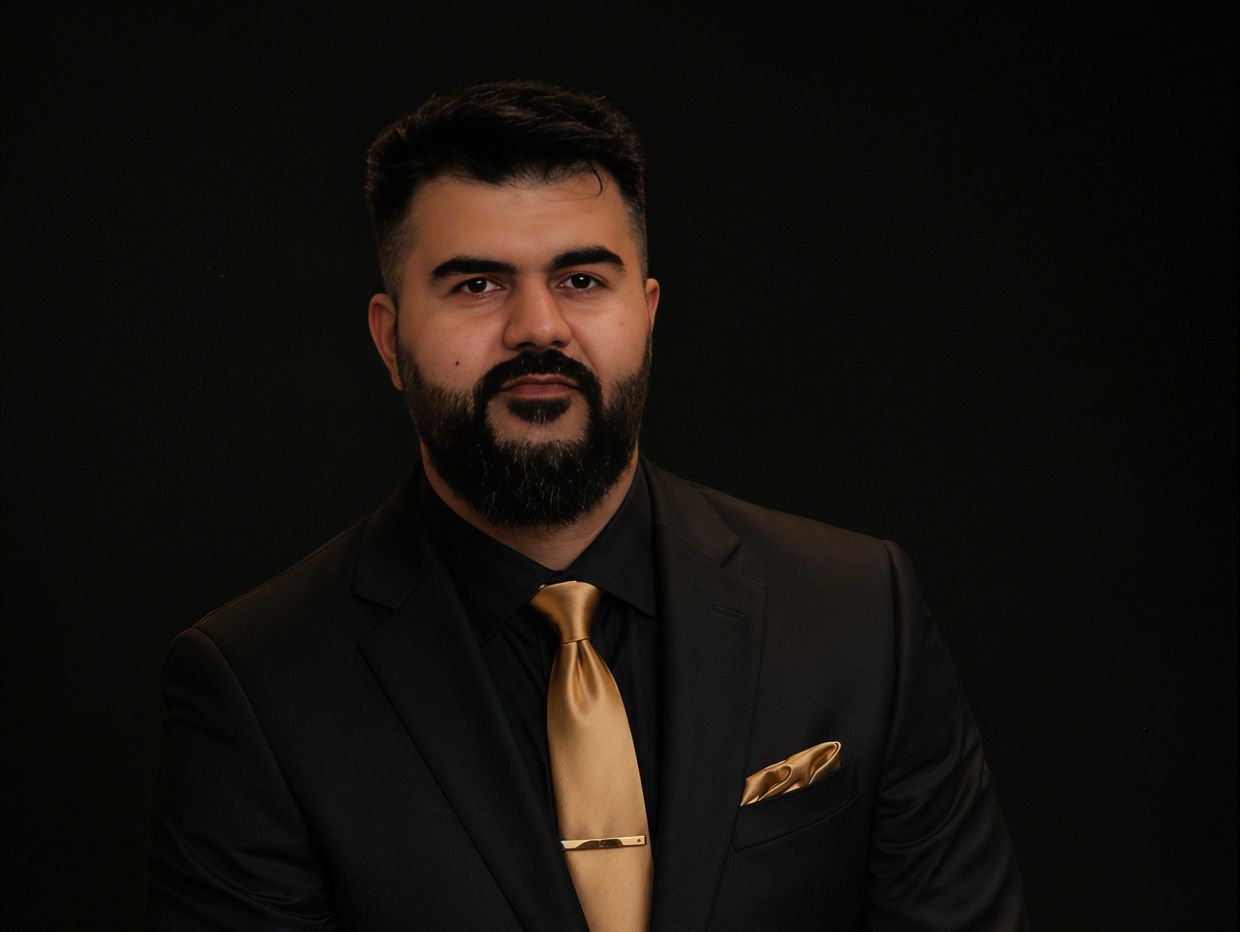 Man in black suit with gold tie and watch poses confidently against dark background.