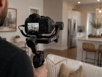 Person using a Canon camera on an RS2 gimbal to film a modern living room interior.