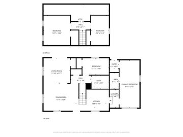 Two-floor house plan with bedrooms, living and dining areas, kitchen, and bathrooms.
