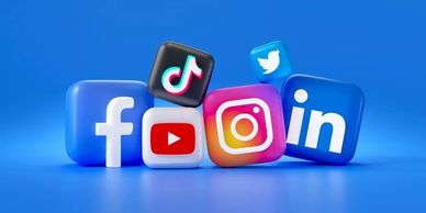 3D icons of popular social media platforms on a blue background.