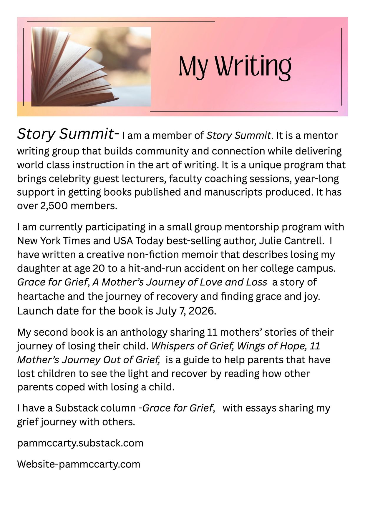 Page describing author's writing projects and grief journey.