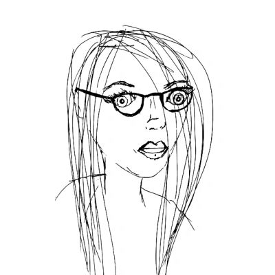 Sketch of a woman with glasses and long hair.