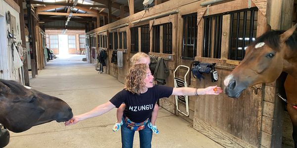 Person extending arms in opposite directions to feed horses 