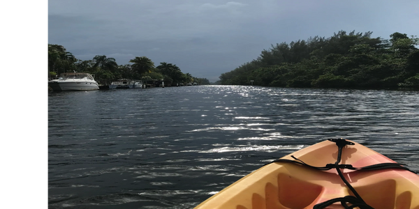 View from kayak into calm waterway on sunny day
