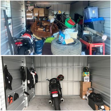 Two images of a motorcycle parked inside a storage unit, showcasing its sleek design and surrounding storage items.
