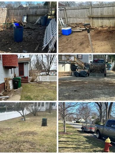 A collage of four images showing a yard with a truck and two trash cans in various positions and angles.
