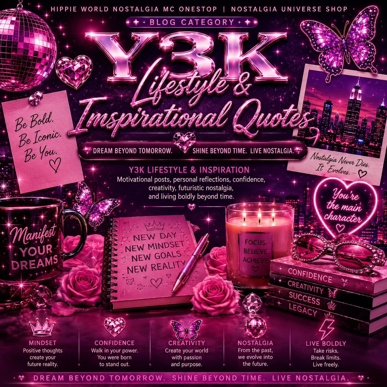 Y3K Lifestyle &amp; Inspirational Quotes with motivational affirmations and vibrant pink aesthetics.