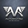 Sleek silver logo for Automotriz Armando with stylized 'AA' and wings.