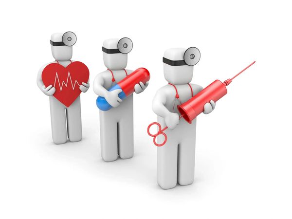 Three 3D medical figures with health icons.