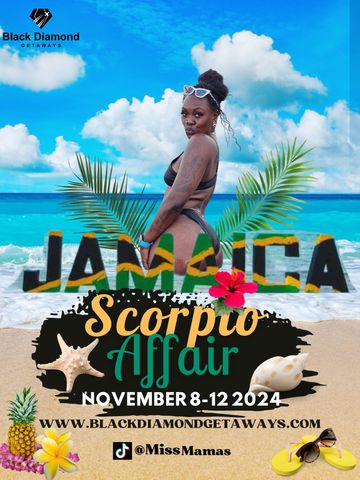 Flyer with Shea mid center behind the Jamaica sign over the ocean.