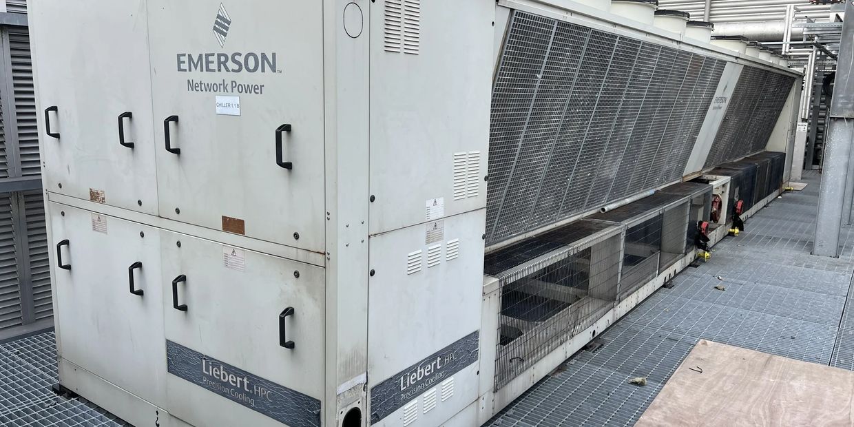 Large Emerson Liebert HPC precision cooling unit in an industrial setting.