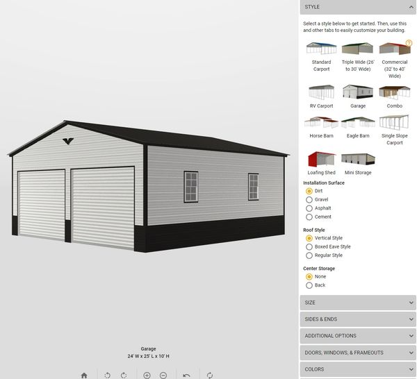 3d metal building with styles and options on the side