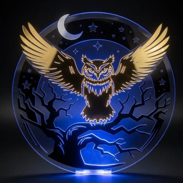 Illuminated owl with golden wings and crescent moon in a dark, starry night scene.