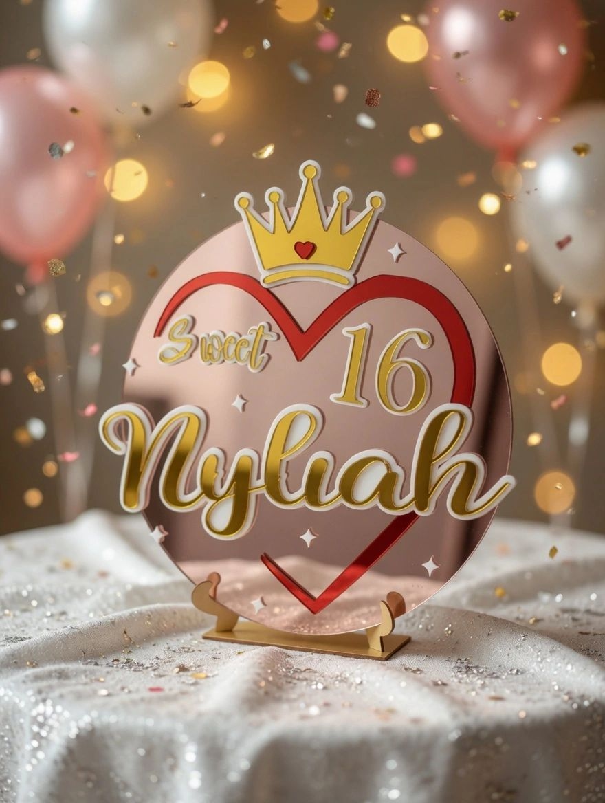 Sweet 16 celebration sign for Nyliah with balloons and confetti.