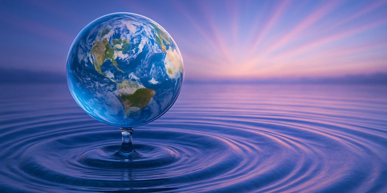 A globe resembling Earth balancing on a water droplet, creating ripples at sunset.