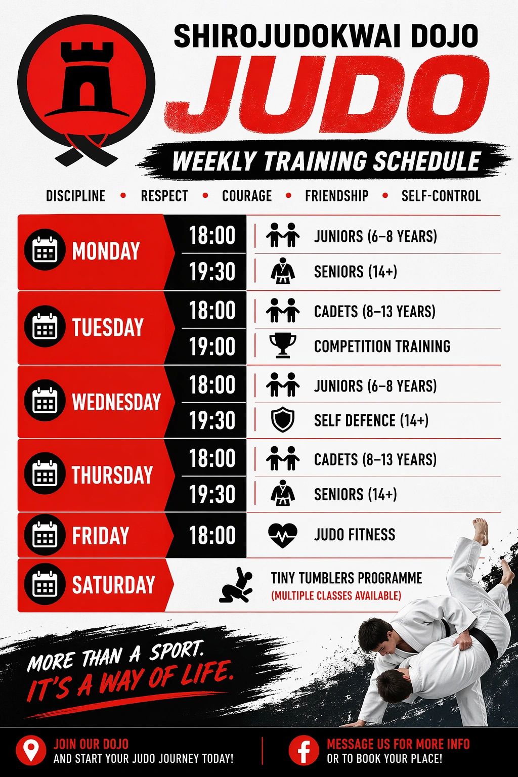 Weekly Judo training schedule for all ages at Shirojudokwai Dojo.