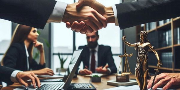 personas estrechando sus manos en señal de acuerdo en una oficina de abogados.