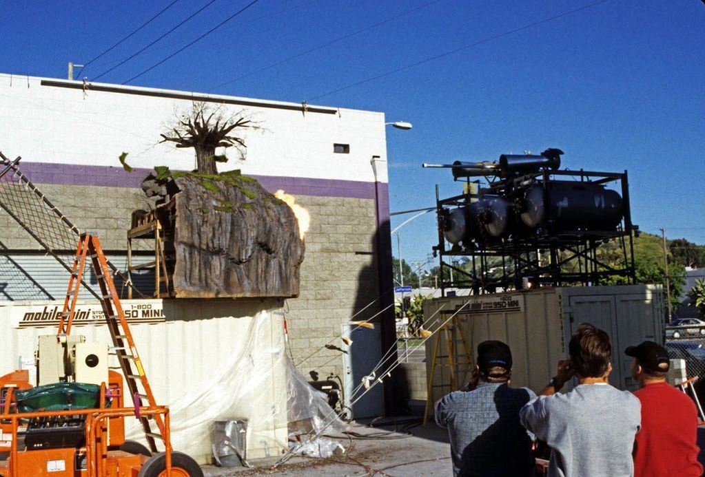 Image of a miniature landscape and tree set up for pyro testing. 