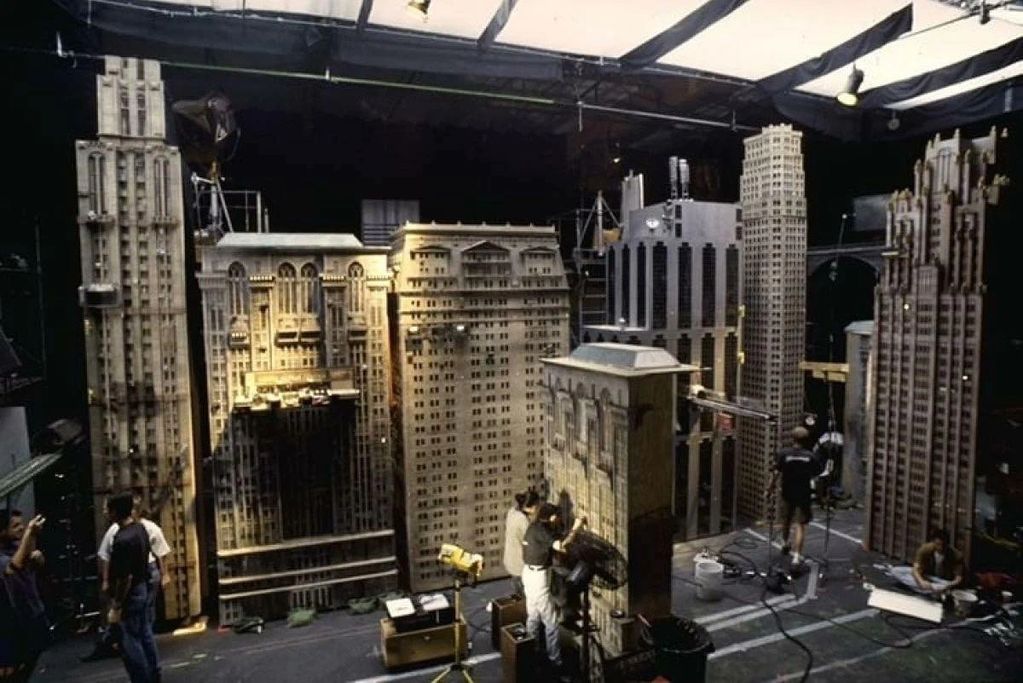Model buildings being worked on before shooting.
