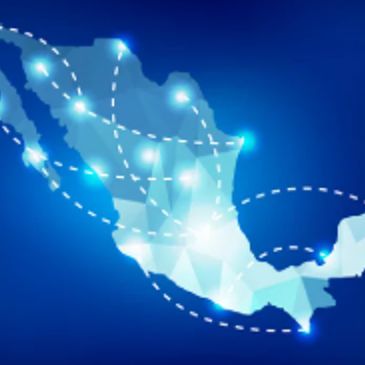 Digital map of Mexico with glowing connection points.