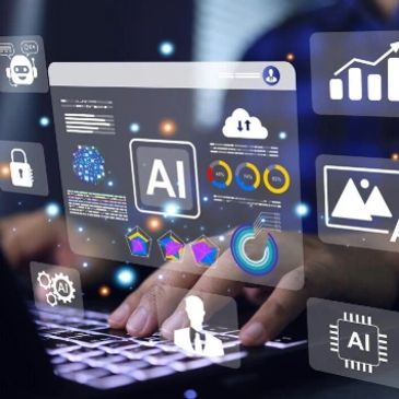 Hands typing on laptop with AI and data analytics icons floating digitally.