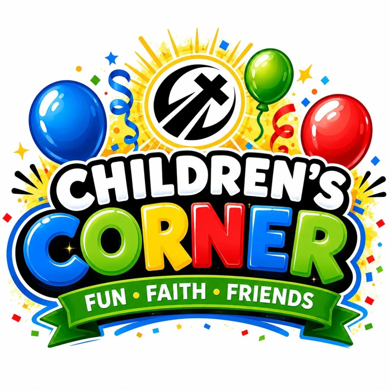 Colorful Children's Corner logo with balloons and a faith symbol.