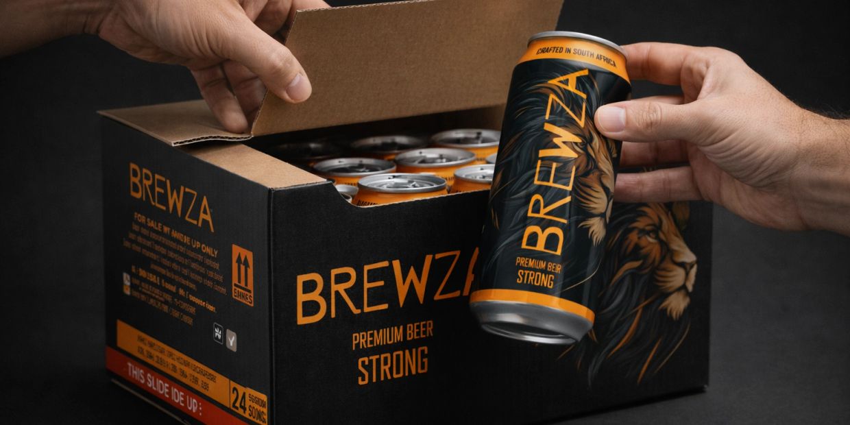 Hand holding a Brewza Strong premium beer can from a box of Brewza beers.