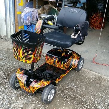 Mobility scooter with custom airbrushed flames for people with physical disabilities or difficulty 